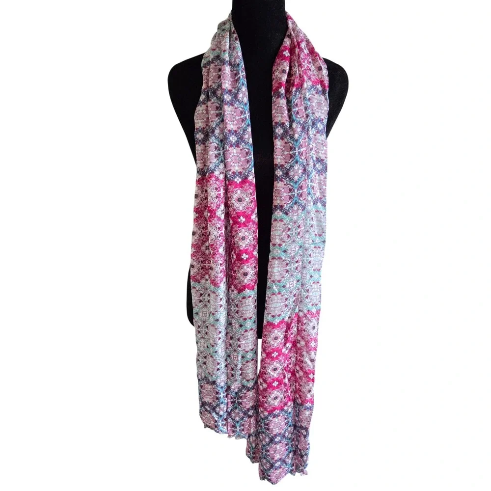 Talbots Pink Purple Teal Medallion Print Boho Viscose Scarf Wrap 78